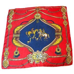 Vintage Equestrian Scarf By Antoine Red & Blue With Horses & Dogs 34"x34"